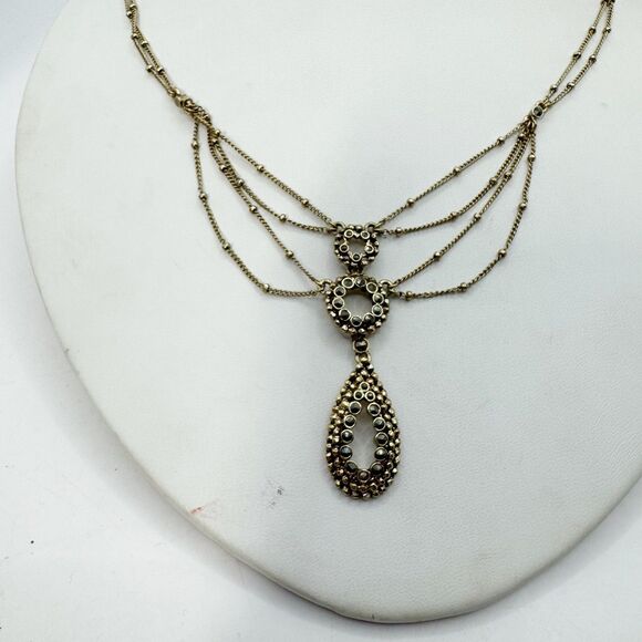 Monet Victorian Revival Festooned Marcasite Drop Bib Necklace Gold Tone 16-18” - Picture 7 of 13